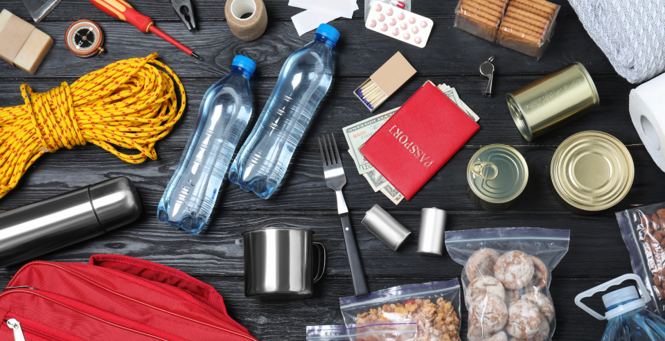Emergency Preparedness supplies and first aid kit.